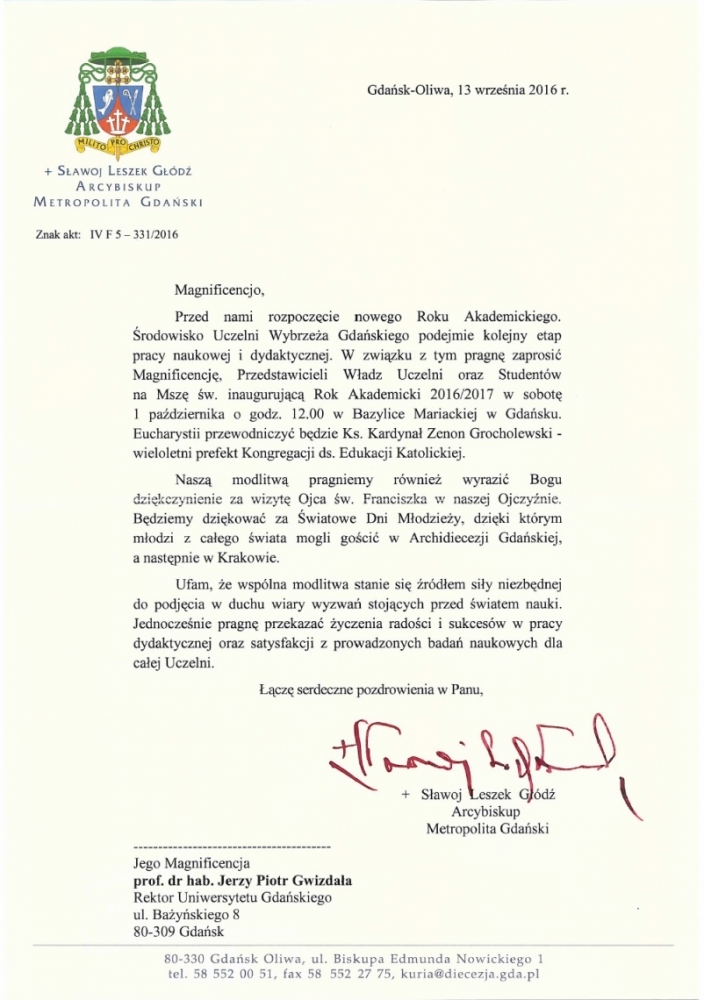 List Metropolity Gdańskiego do Rektora UG