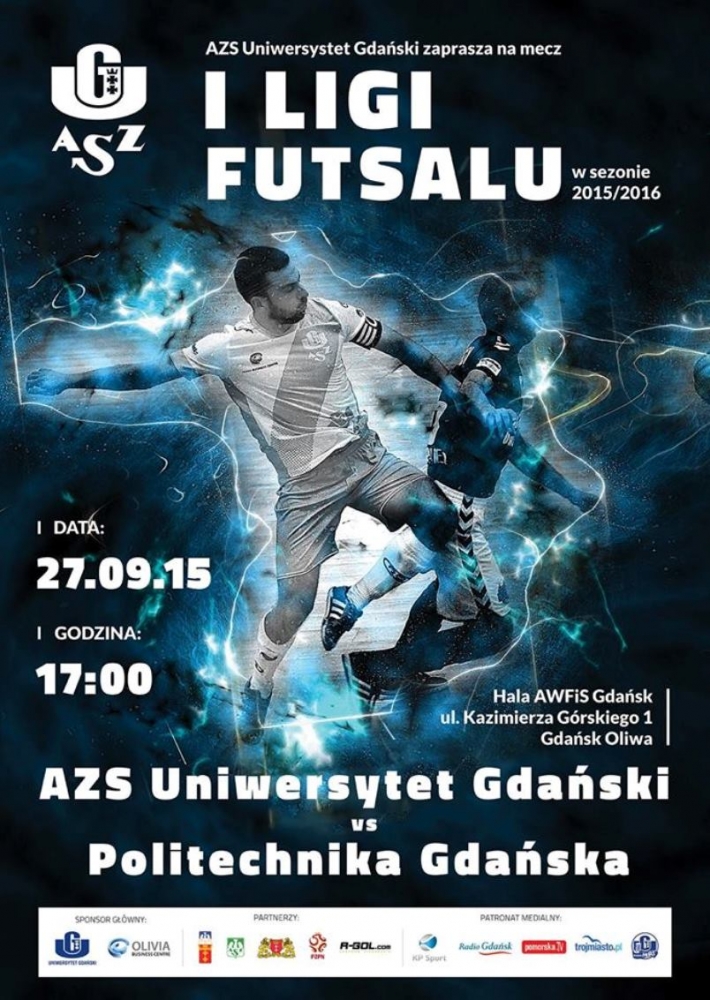 Plakat meczu futsalu AZS Uniwersytet Gdański vs Politechnika Gdańska