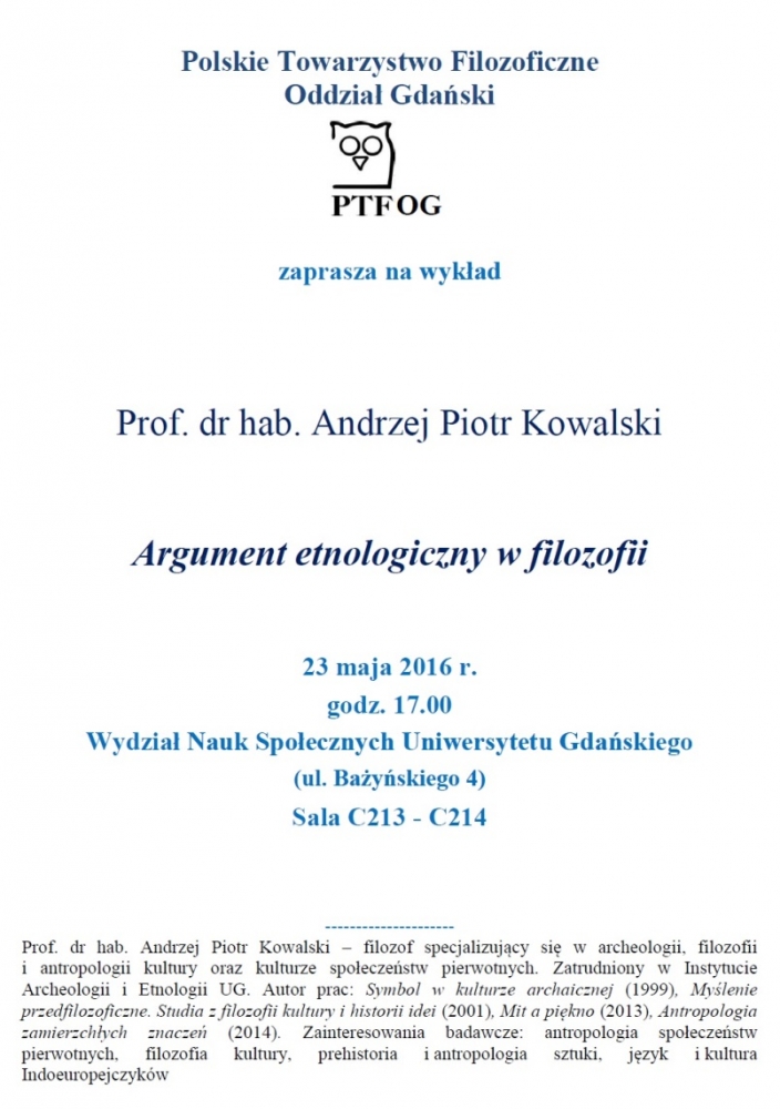 Plakat wykładu prof. Andrzeja Piotra Kowalskiego