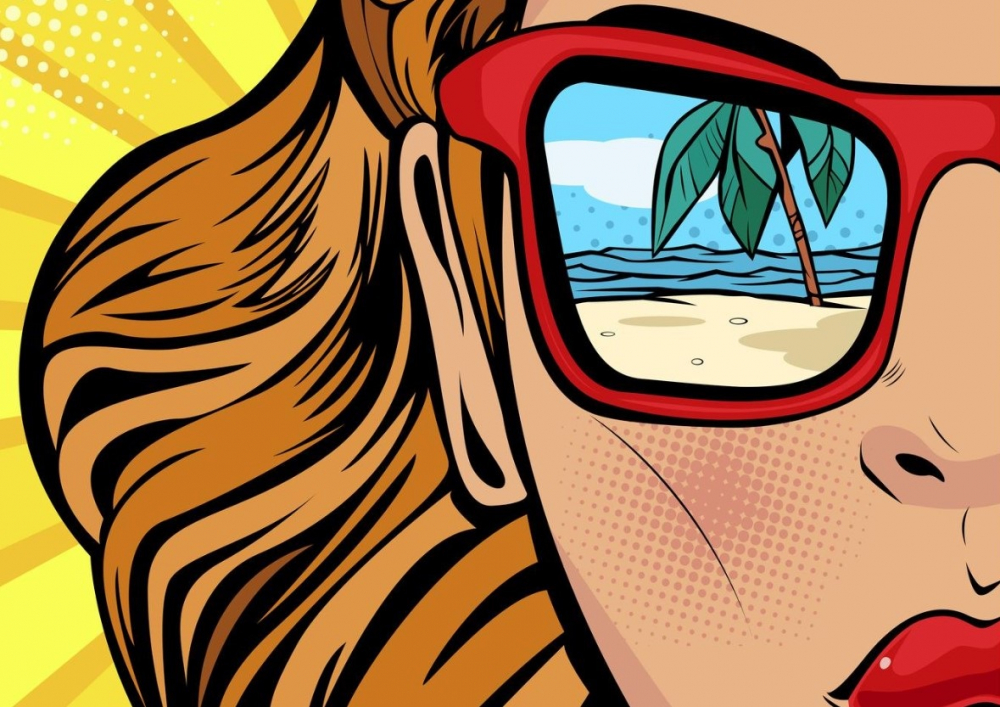Grafika przedstawiająca dziewczynę i odbicie plaży w jej okularach