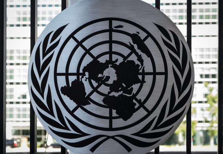 the united nations emblem is on display in front of a window